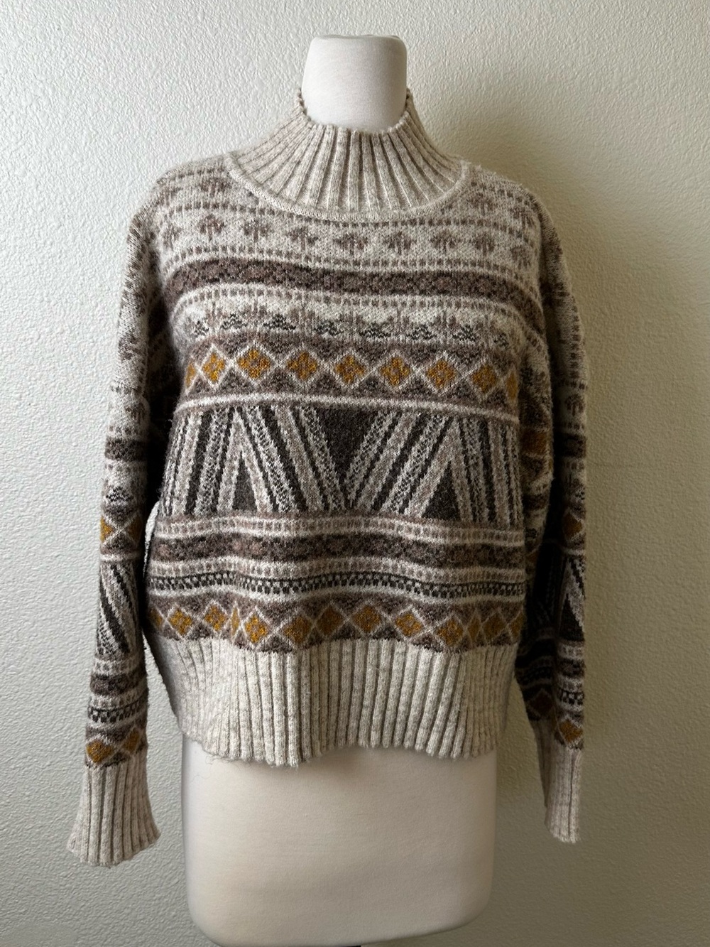 Marled Cream, Brown & Mustard Patterned Cowl Sweater